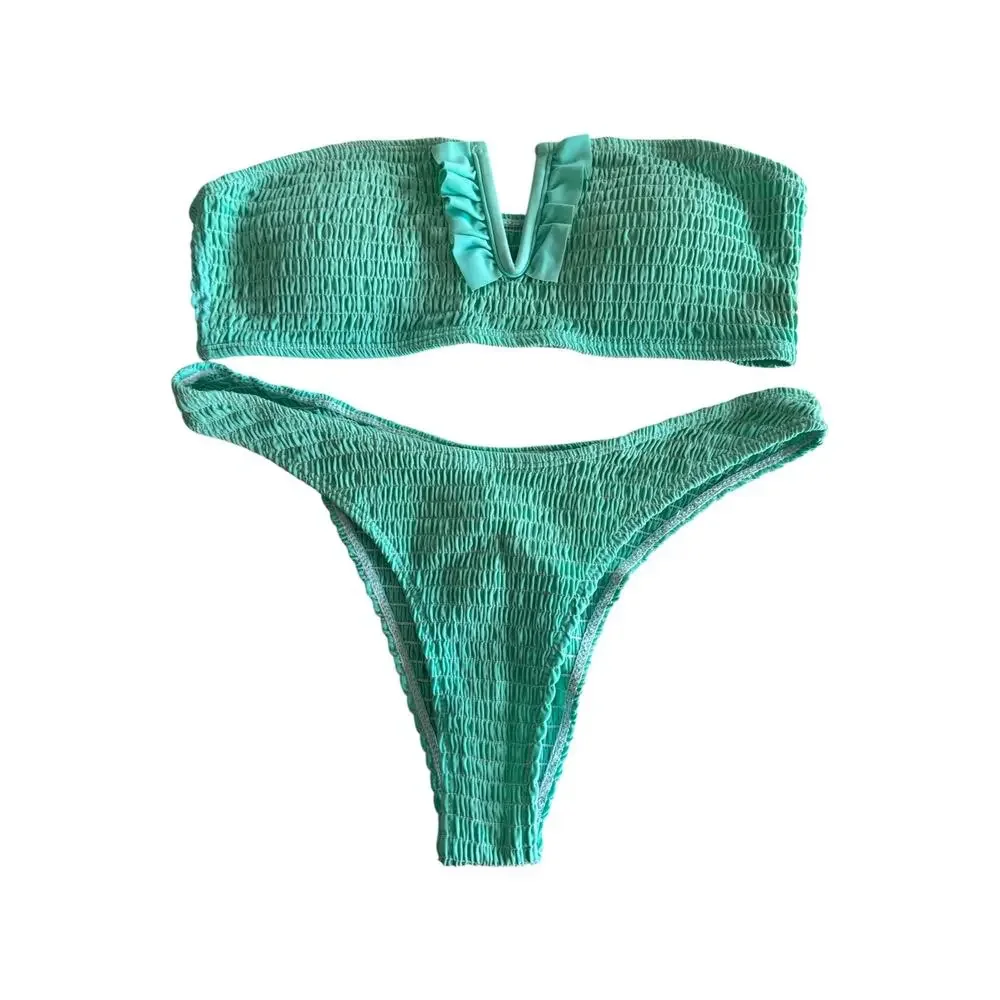 SHEIN Mint Green Smocked Bandeau Bikini Set Size Medium High Cut Ruched Swim